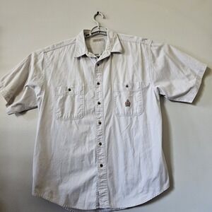 VTG Bugle Boy Company Men's Size Large Cream Short Sleeve Button Up Shirt Crest